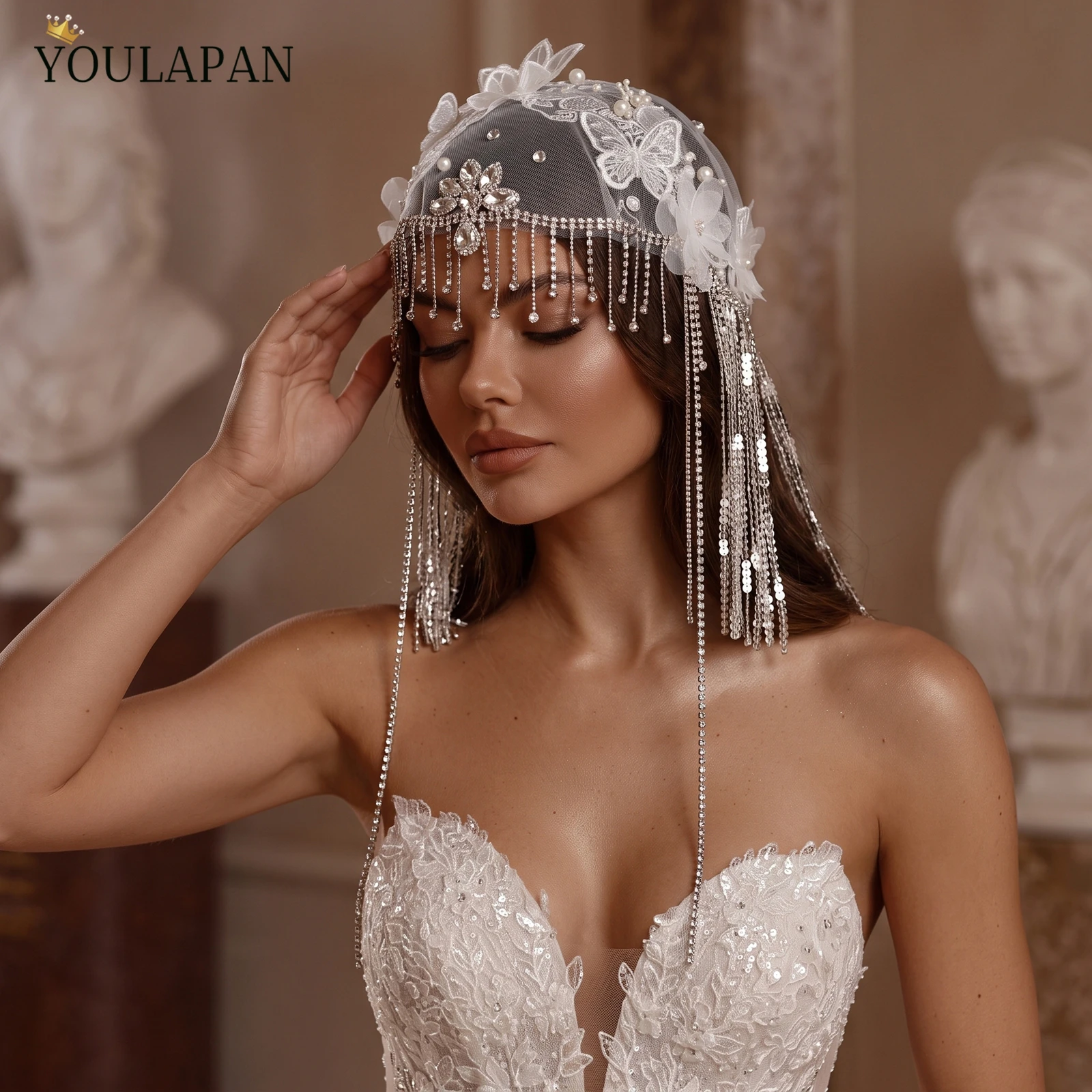 YouLaPan Retro Flapper Bridal Hat Veil 3D Fabric Flower Crystal Tassel Tassels Wedding Headwear Complementos De Boda VA35