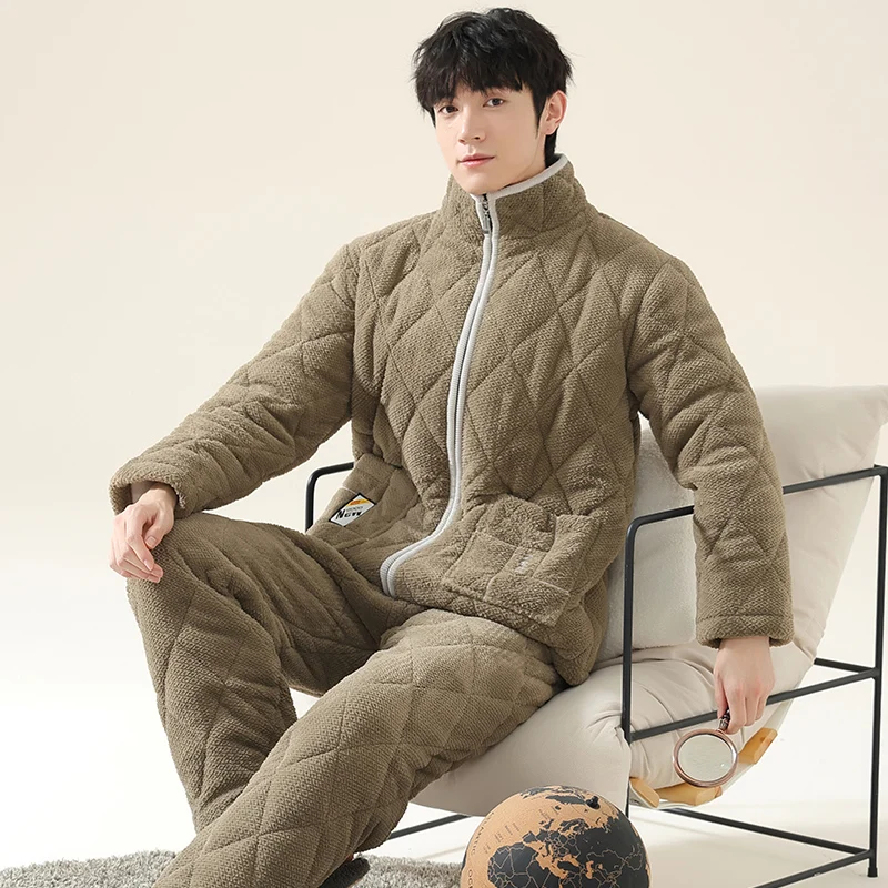 Newest Winter Men Pajamas Set Thick Warm Men Solid Sleepwear 3 Layer Clip Cotton Pyjamas Male Homewear