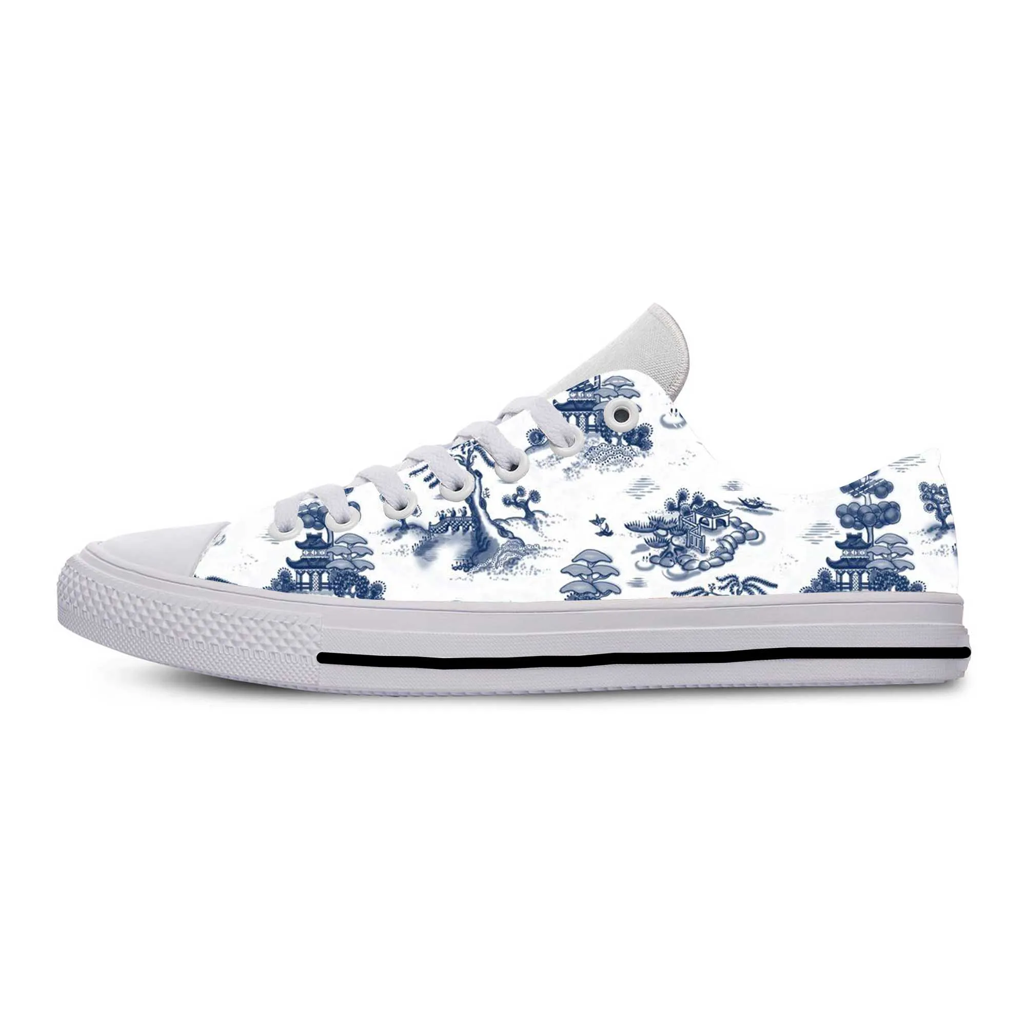 Blauw Wit Wilg Pagode Chinoiserie China Patroon Casual Doek Schoenen Lage Top Comfortabel Ademend 3d Print Heren Vrouwen Sneakers