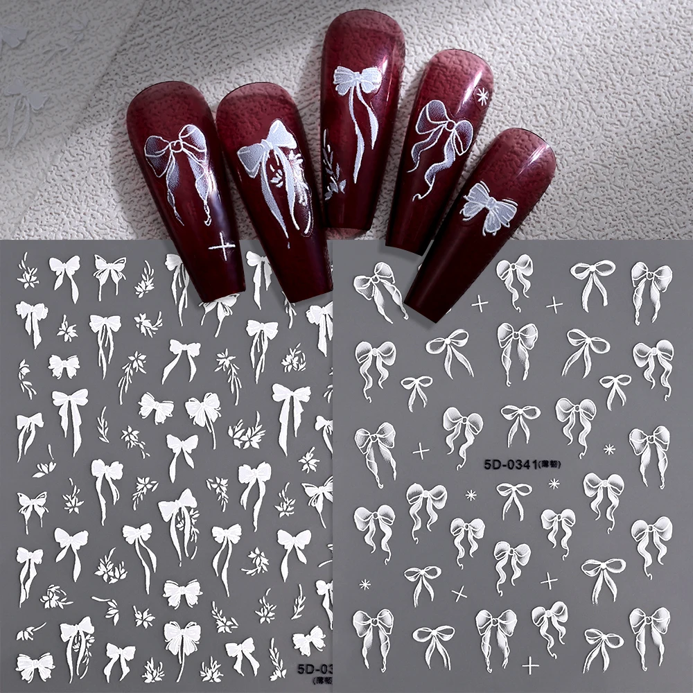 1pc White Bowknot 5D Nails Stickers Ribbon Bow Tie Design Simple Romantic Irregular Lines Ladies Girls Nail Art Manicure Decals*