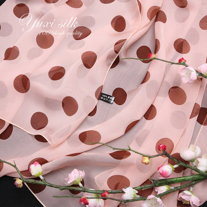 Hoge kwaliteit koffie roze stippen stippen 100% zijde lange sjaal dames lente, herfst en winter zomer