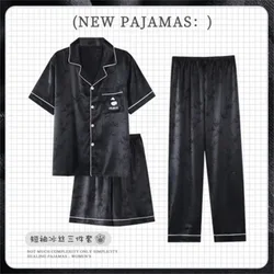 Large Size 3pc/set Pjs Men Satin Pajamas Sets Tops+Short Pants+Long Pants Summer Male Big Yards Home Clothes Casual Loungewear