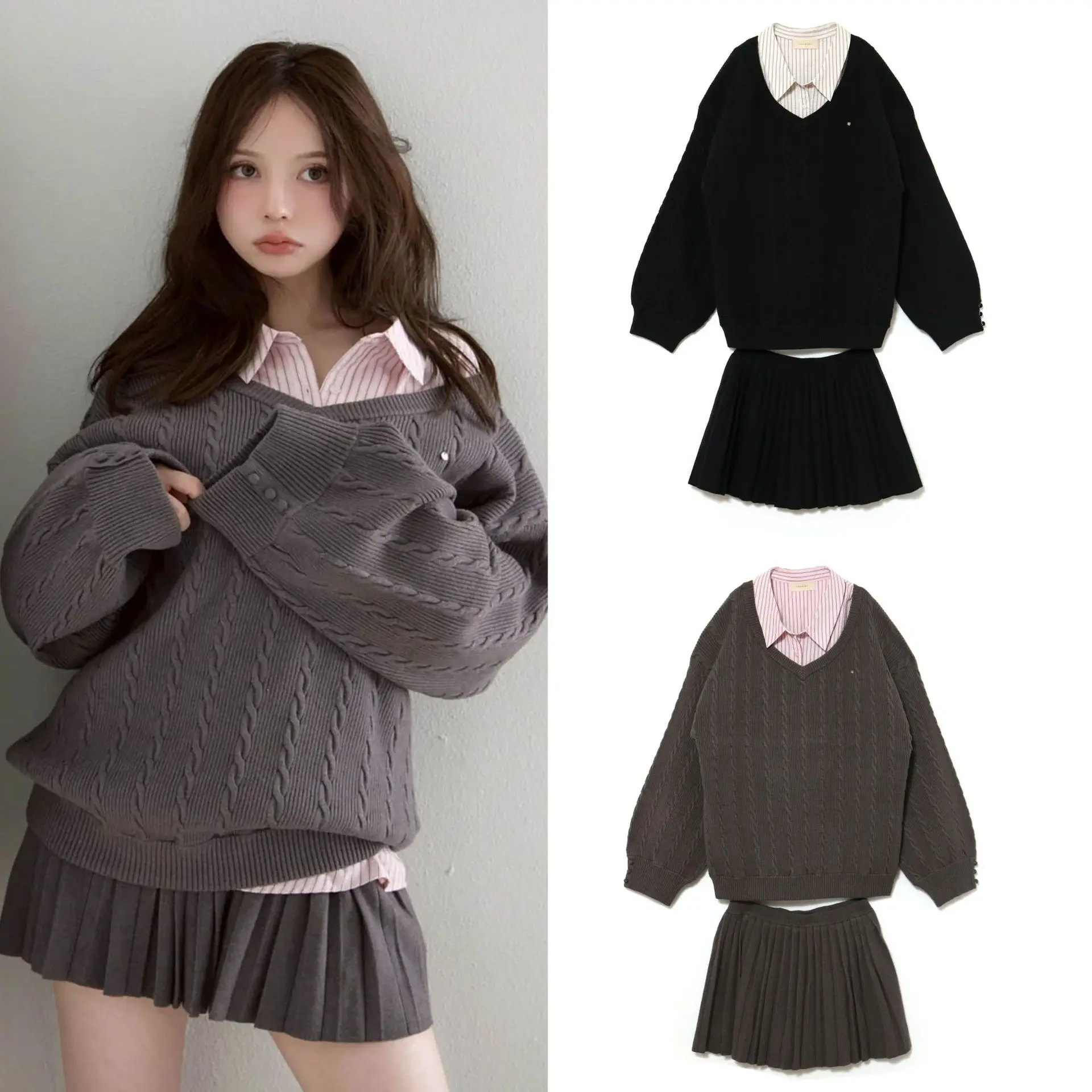 اليابانية الجديدة الخريف الشتاء ثلاث قطع مجموعة طبقات المشارب قميص الخامس الرقبة بلوفر مغزول سترة علوية أنيقة مطوي تنورة صغيرة #2