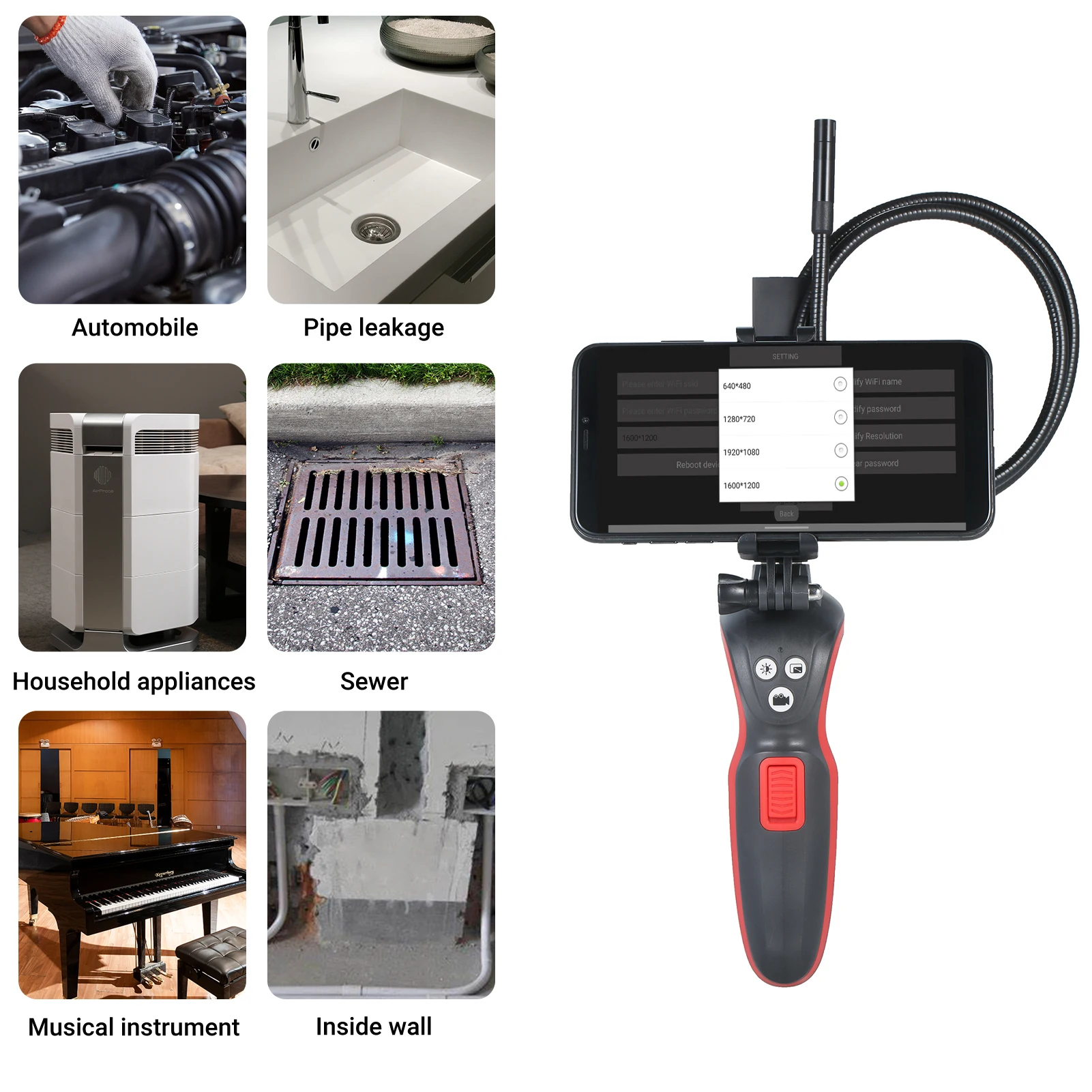 WiFi Industrial Endoscope 1080P HD Digital Borescope IP67 Waterproof Video Inspection Camera 2.78-feet Semi  Snake Camera with