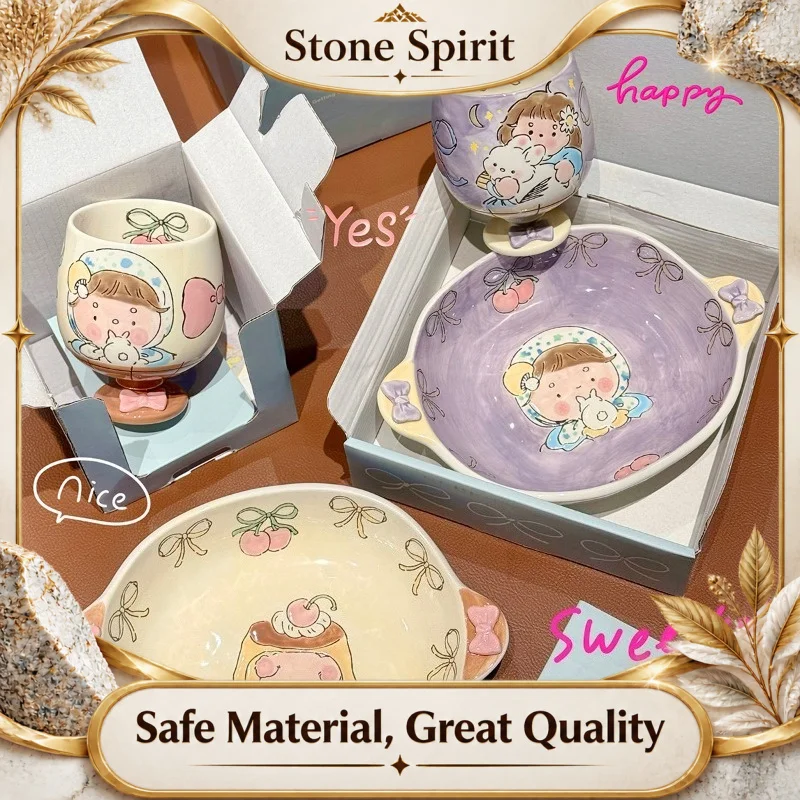 Hand Painted Cute Style Ceramic Plate with Two Handles, Artistic Underglaze Deep Pasta Bowl 16.5cm, Dish for Dining Table Decor