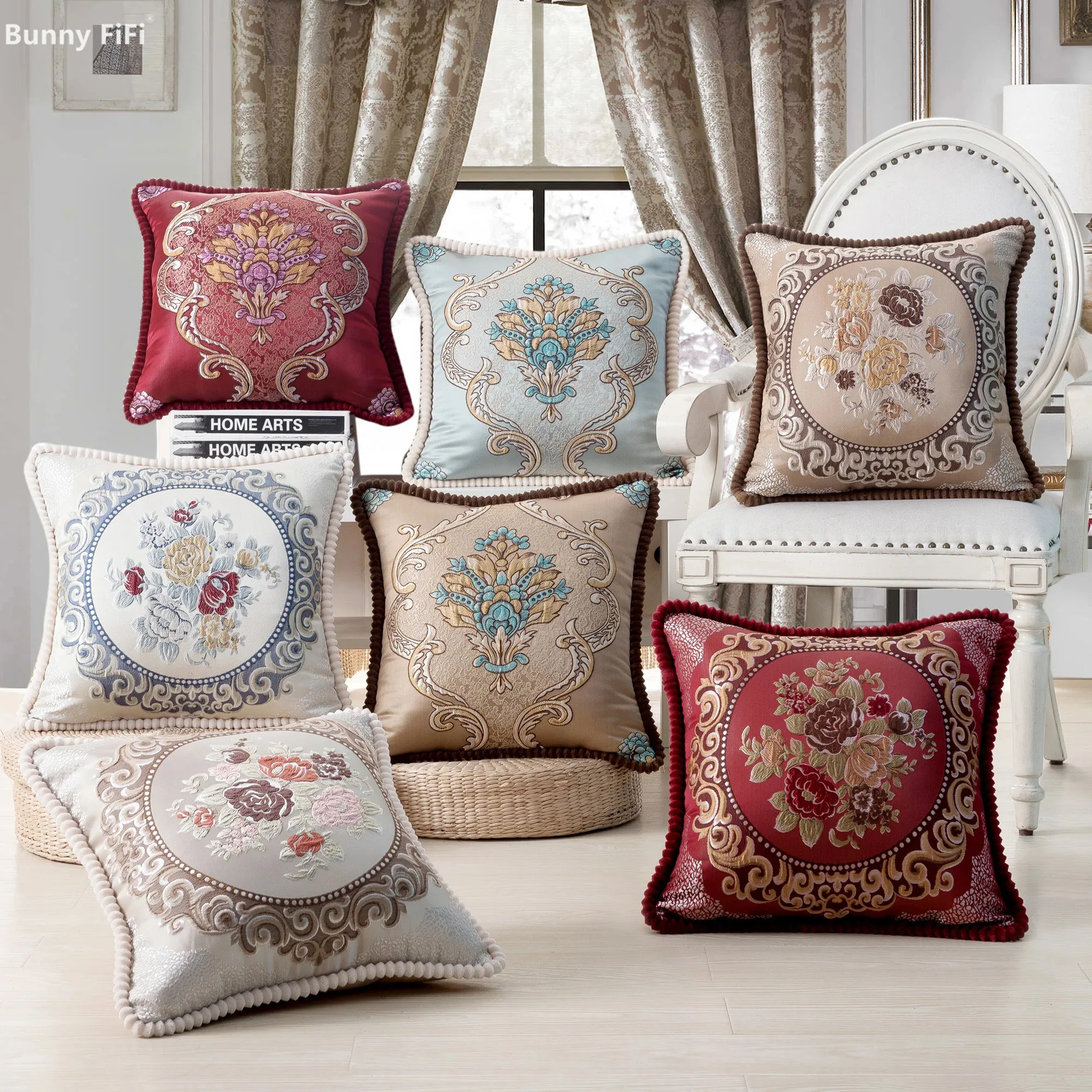 Flowers Embroidery Cushion Cover Embossed Pillowcases Bead String Jacquard Cushion Covers for Living Bedroom Home Decor 48x48cm