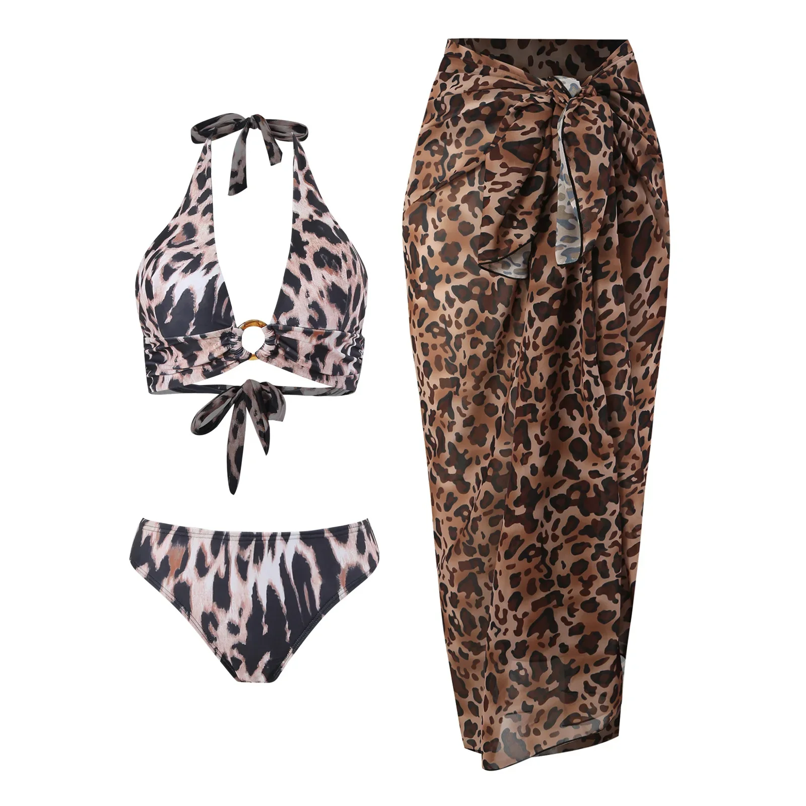 Women's One Piece Swimsuit with Cover Up Set Beach Wrap Skirt Leopard Thong Bikini Set Three Piece Bathing Suit with Beach Skirt