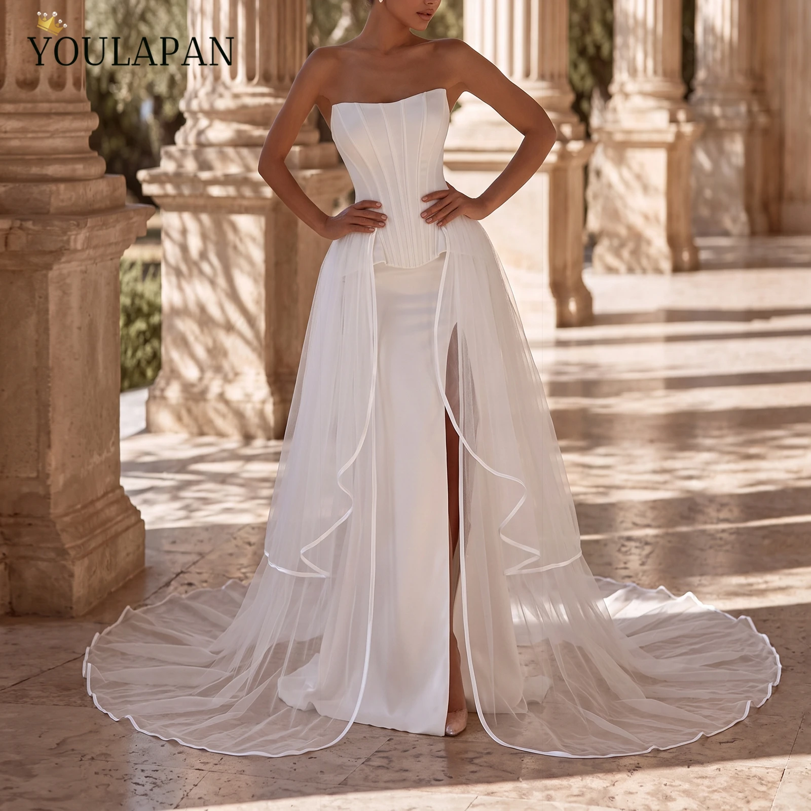 YouLaPan Bridal Overskirt Double Layer White Tulle Satin Edge Detachable Wedding Train Para Novia Clip On Accessory VB36