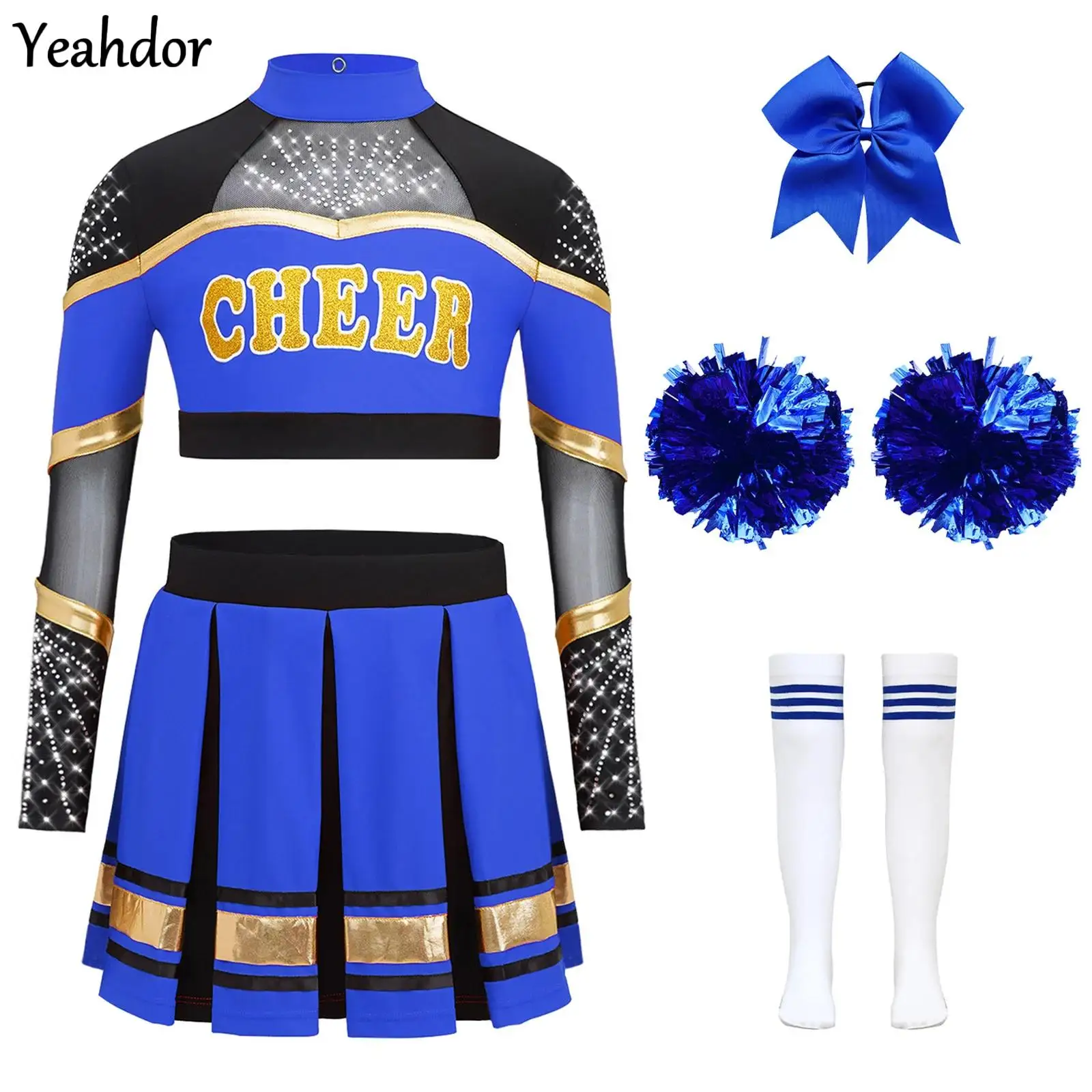 

Girls Cheerleading Costumes Cheerleader Uniform Outfits Rhinestones Crop Top with Pleated Skirt Flower Balls Socks Headwear Set
