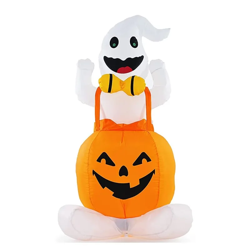 

Inflatable Ghost Wearing Pumpkin Overalls with Build-in LEDs Blow up Halloween Decorations for Holiday Party Yard Garden Lawn
