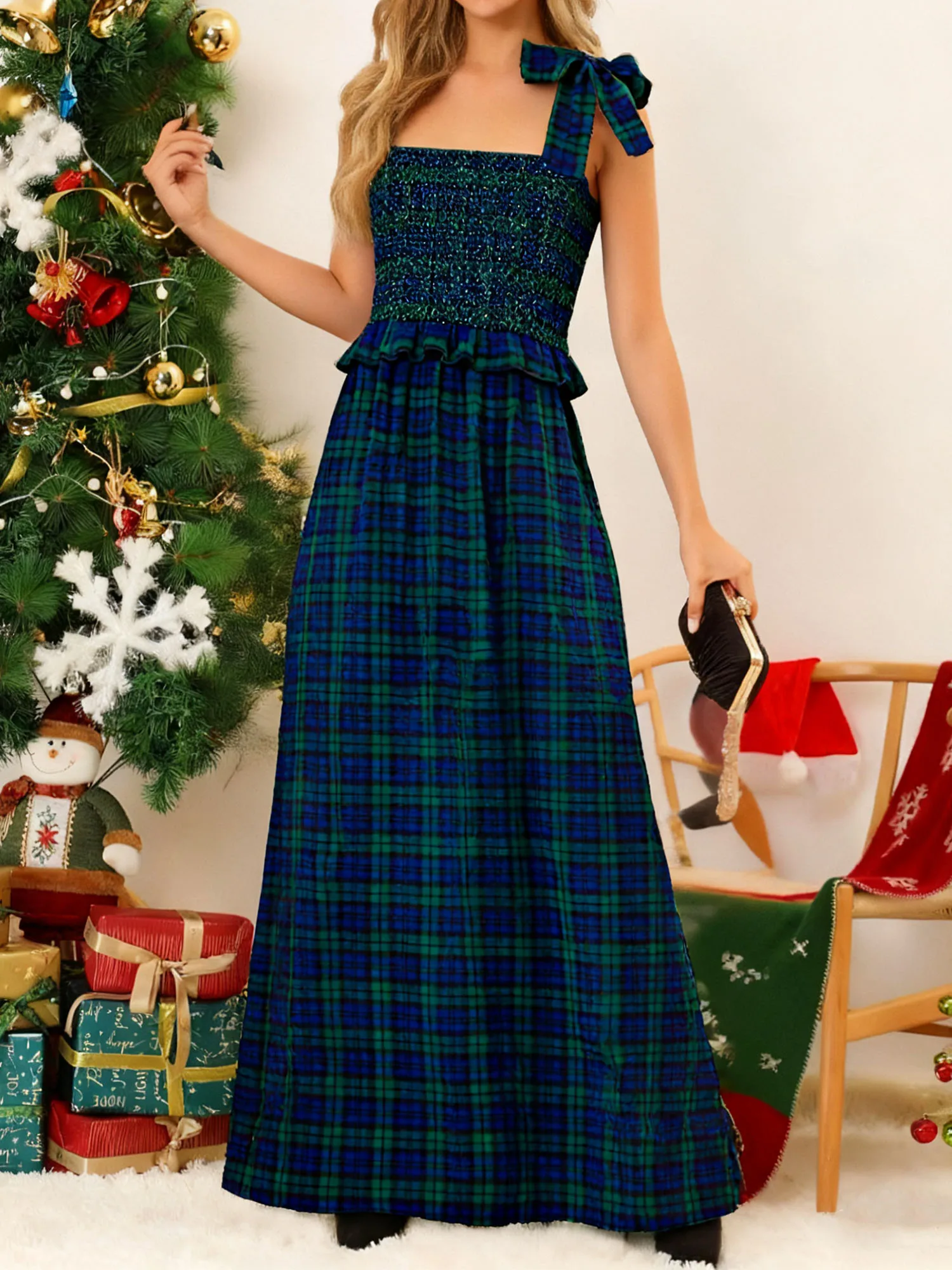 سنوات مصريات عيد الميلاد المرأة التعادل الكتف فستان طويل موضة الإناث عيد الميلاد منقوشة طباعة أكمام تكدرت فلوي فستان غير رسمي ألف خط #1