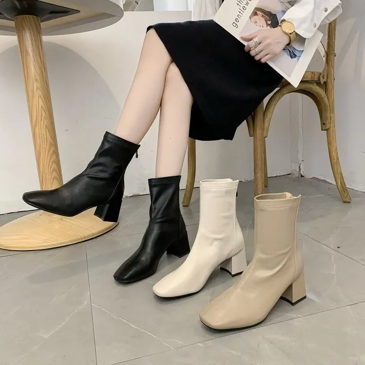 

Women's Boots Winter Short Square Head Zipper mid Heel Booties Poly Fiber Upper Two Layer Pig Skin Inner Rubber Sole