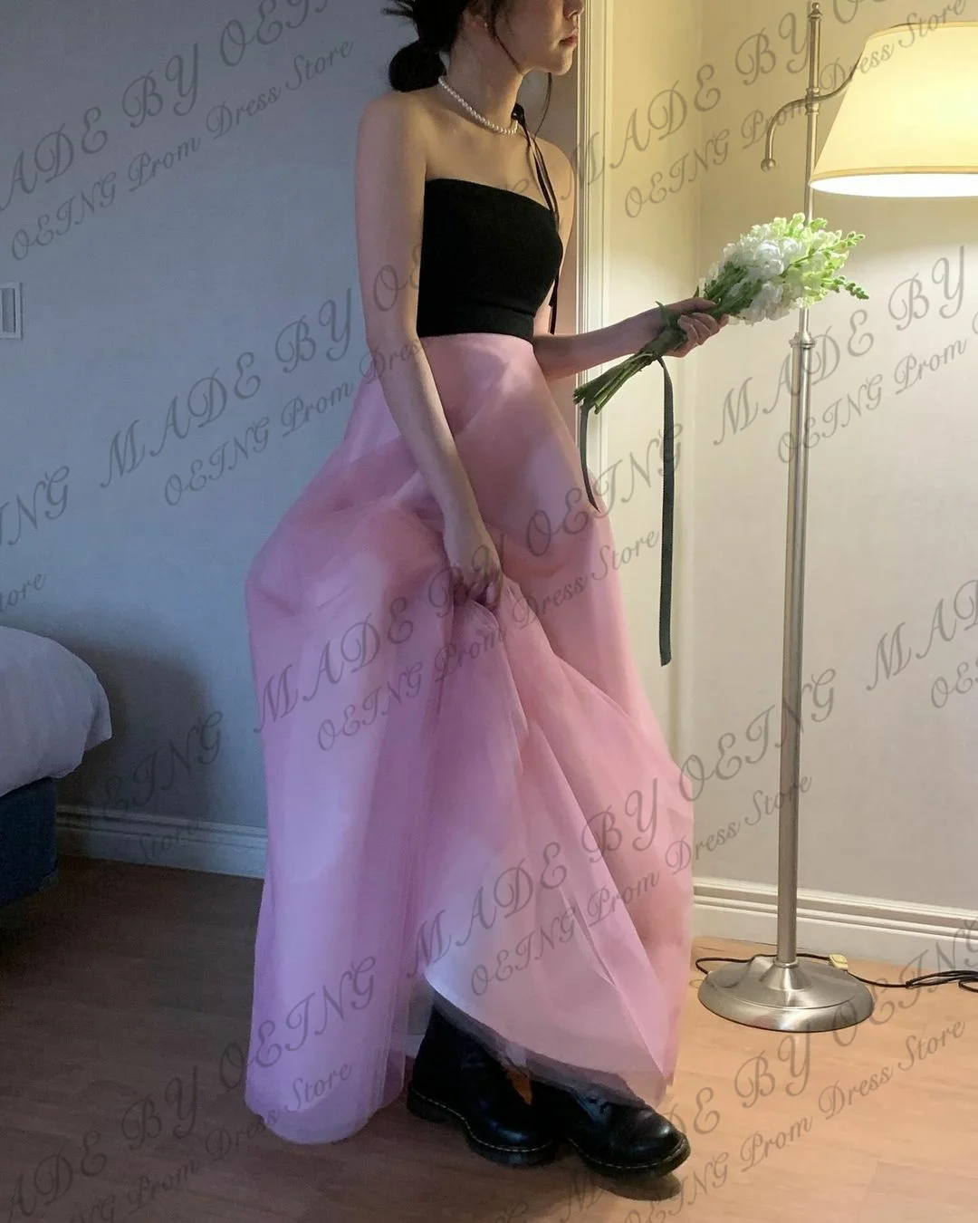 OEING Black And Pink Evening Dresses Korea Simple Strapless Photo Shoot Prom Gowns Formal Occasion Elegant Wedding Party Dress