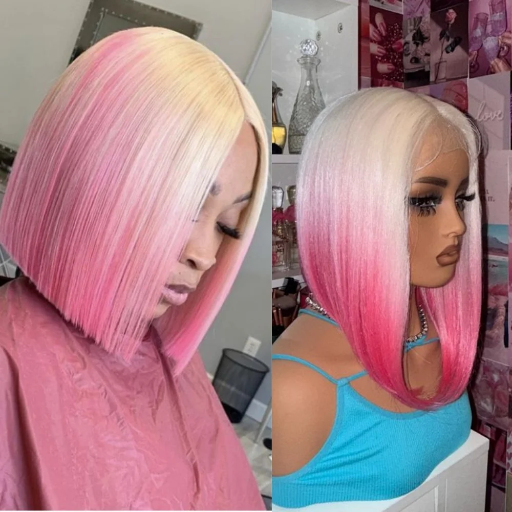 Short Bob Wigs Ombre Pink Wigs Hd Lace Front Glueless Wigs With Natural Hairline Synthetic Wigs for Women Daily Party Cosplay