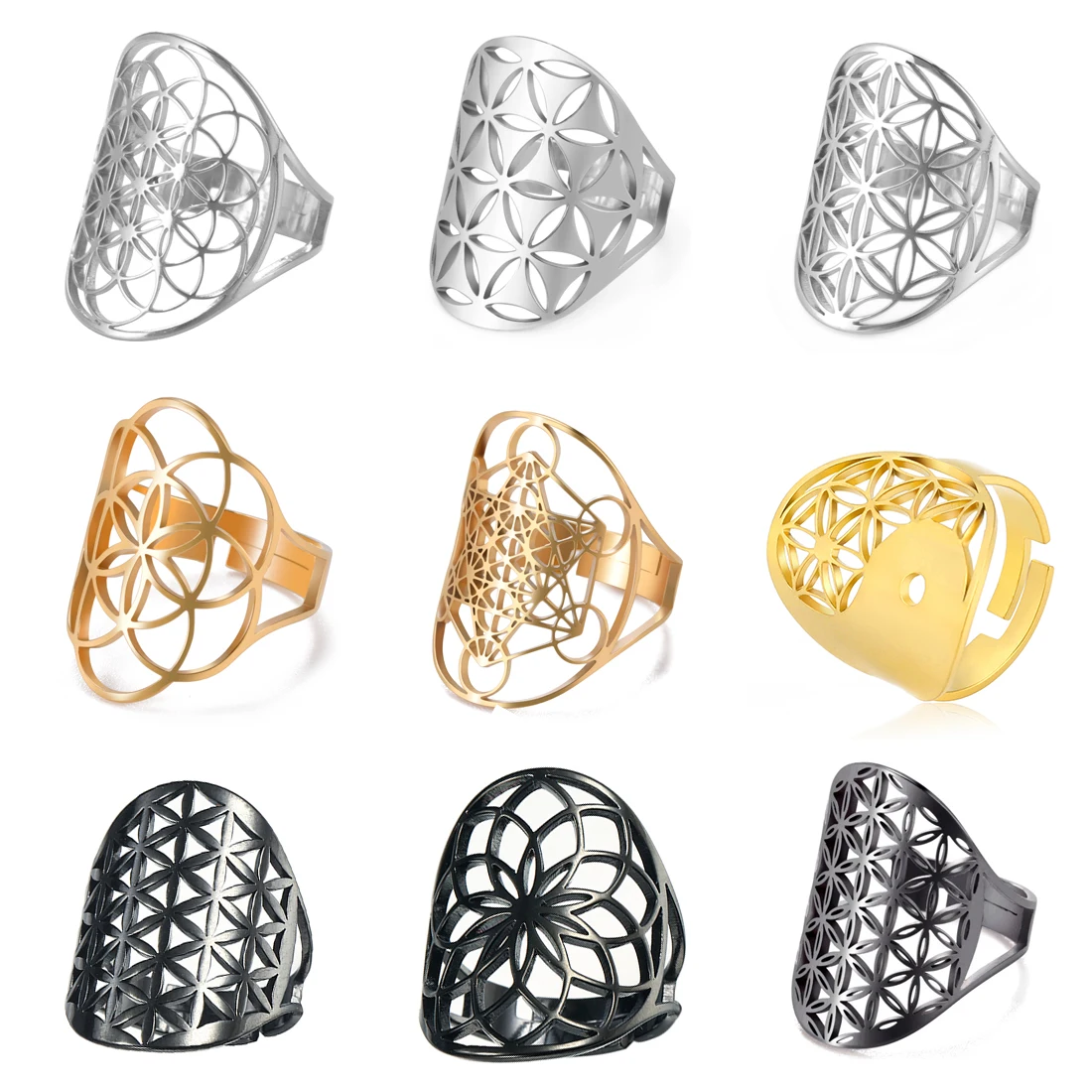 EUEAVAN Flower of Life Ring Stainless Steel Sacred Geometry Archangel Metatron Ring Adjustable Amulet Jewelry Gift Wholesale