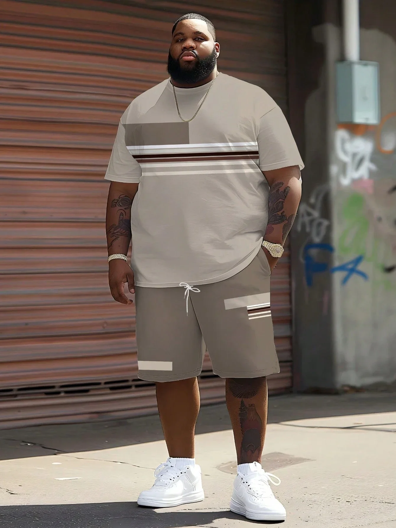 

Plus Size Men Striped Graphic T-Shirt And Shorts Set Casual Loose Fit Outfit