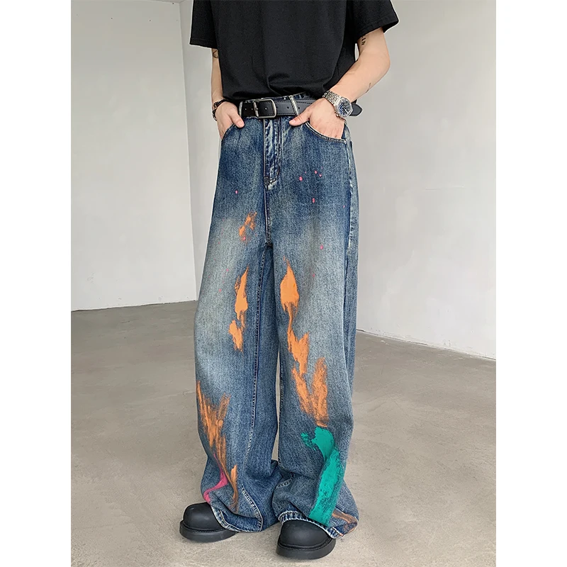 Niche Design American Style Men's Wear Denim Pants Painting Straight Trousers Wide Leg Loose Male Jeans 2024 Autumn Tide