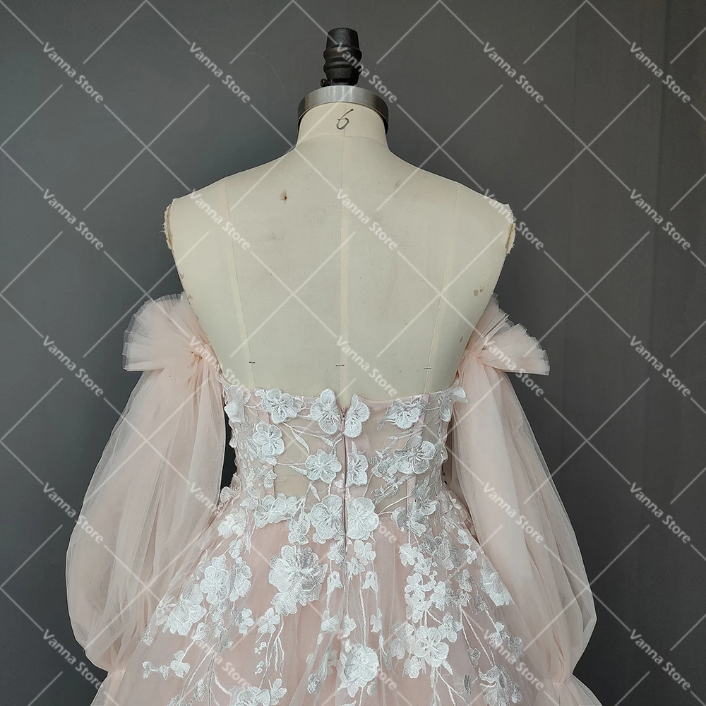 Robes de mariée en dentelle brodée sur mesure, manches longues, chérie rose, fleurs de tulle, nickel é de patients, tout ce qui est sur mesure