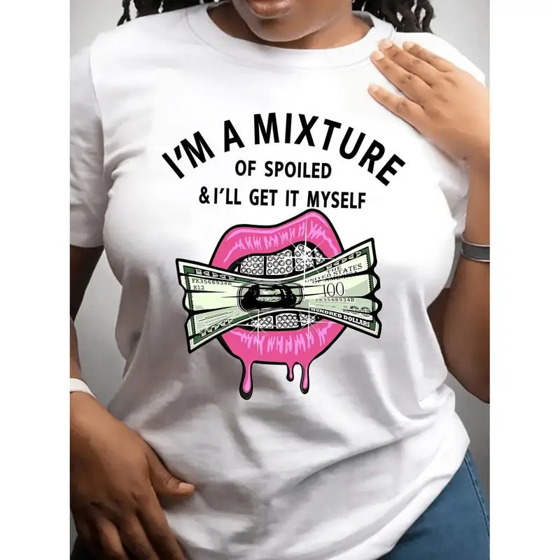 Mulheres dinheiro lábios gráfico camiseta macio respirável manga curta tripulação pescoço primavera verão casual senhoras topos e blusas