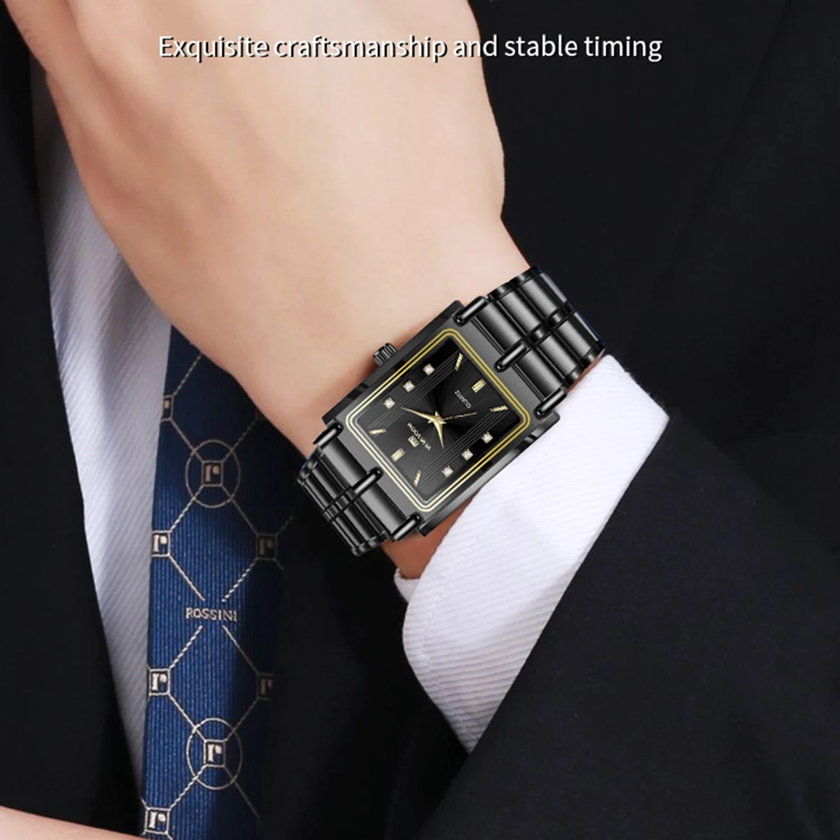 유행 사각형 다이얼 스테인레스 스틸 스트랩 골드 블랙 라인 석 비즈니스 스타일 3Bar 남자 쿼츠 시계와 럭셔리 남성 시계