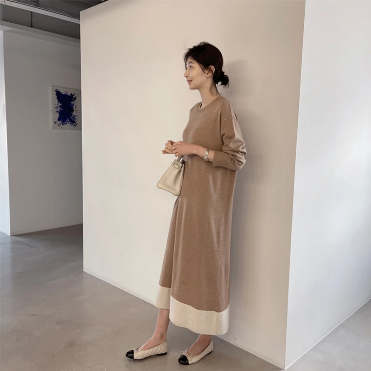 Korean Japanese Chic Long Knitted Dress Knee-Length Lazy Style Spring Loose Simple Elegant Knitted Dress Women's Fashion