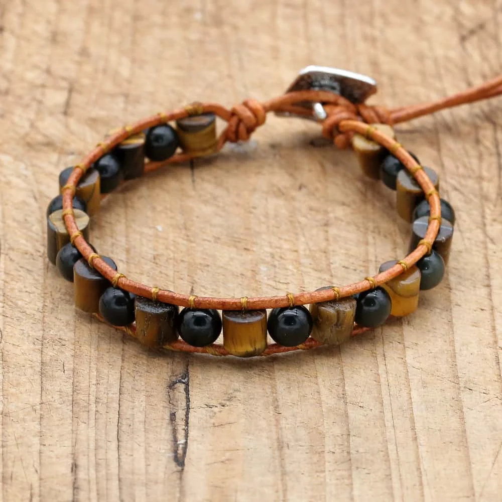 Unisex Tiger's Eye & Obsidian Leather Bracelet Courage Protection Handmade Woven Jewelry Gifts