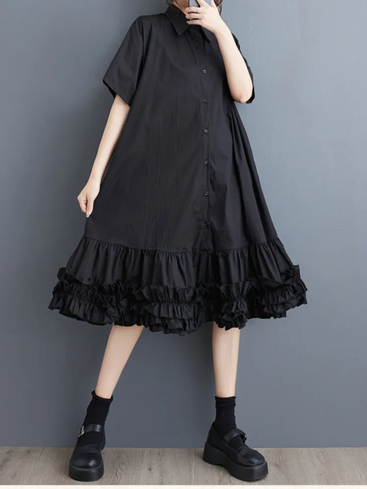 #3888 Summer Black Spliced Ruffles Shirt Dress Women Turn-down Collar A-line Vintage A-line Irregular Midi Dress Short Sleeve 