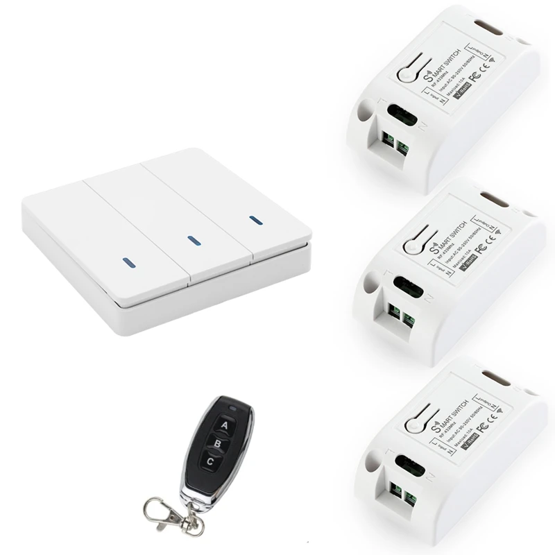 Interruptor de luz inteligente sem fio completo rf 433mhz controle de iluminação interruptor inteligente ac 90-250v 10a módulo (1 w e 3 c e 1 rc)