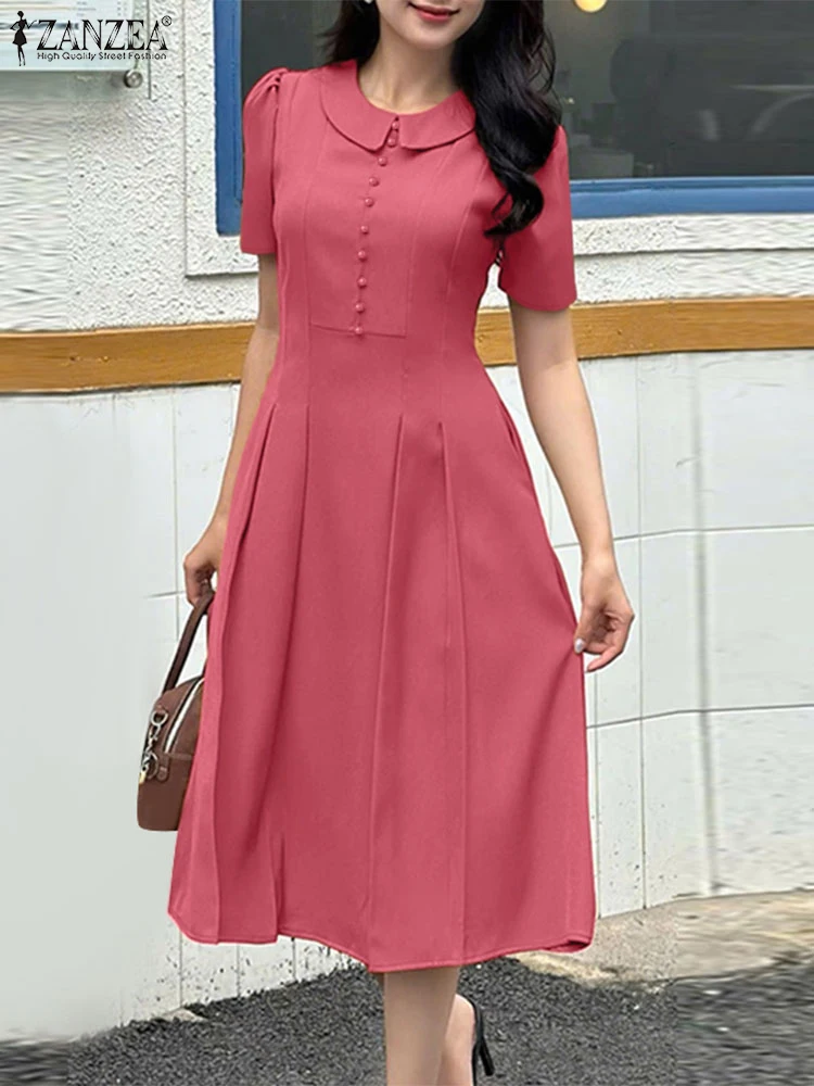 Elegancka plisowana sukienka 2025 ZANZEA damska letnia sukienka letnia moda z krótkim rękawem guziki sukienki Midi stylowa solidna praca OL Vestidos