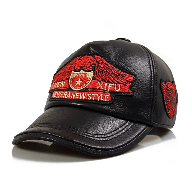 Retro motorcycle baseball cap Winter Man Genuine Leather Male Casual Cowhide 56-60 Adjustable Sprot Flight Hats