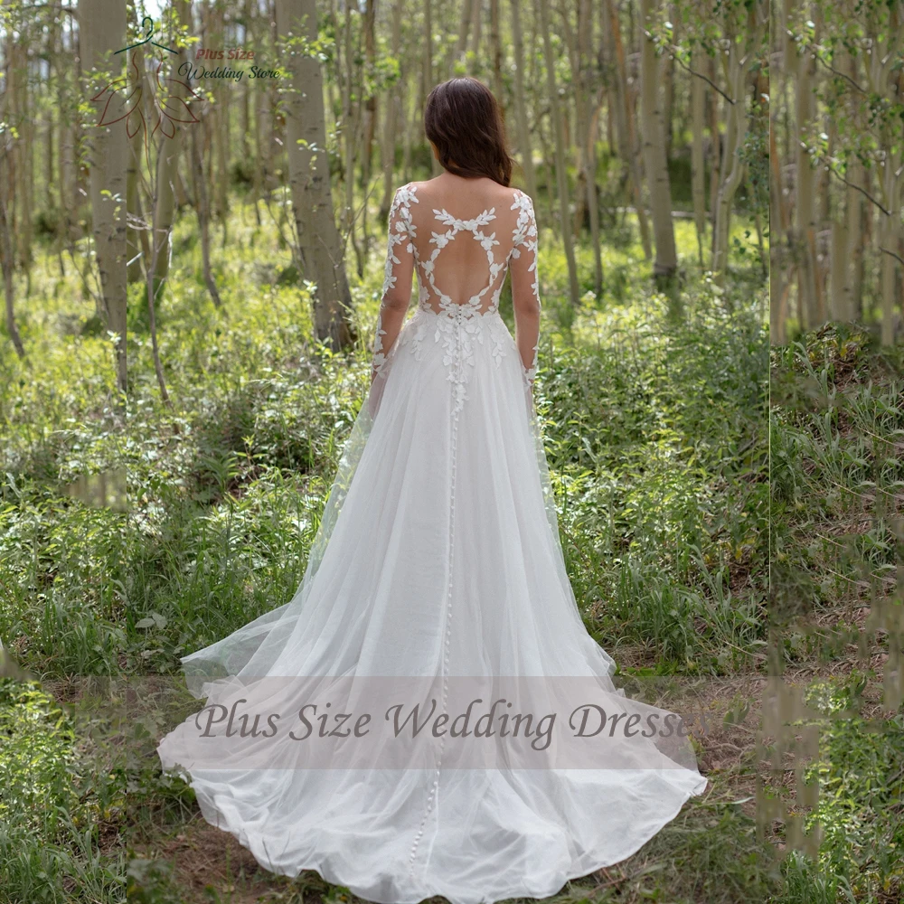 Classic Wedding Dresses Plus Size O Neck Long Sleeves Bride Gowns Appliques Backless Floor Length Tulle A-Line Robe De Mariee