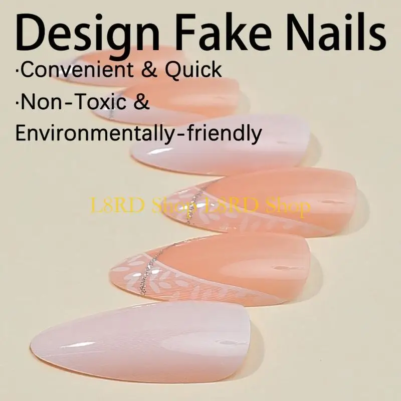 L8rd 24ピースアーモンドフレンチチップ光沢のある仕上げと輝きのあるStripe Designs for PartyまたはDaily