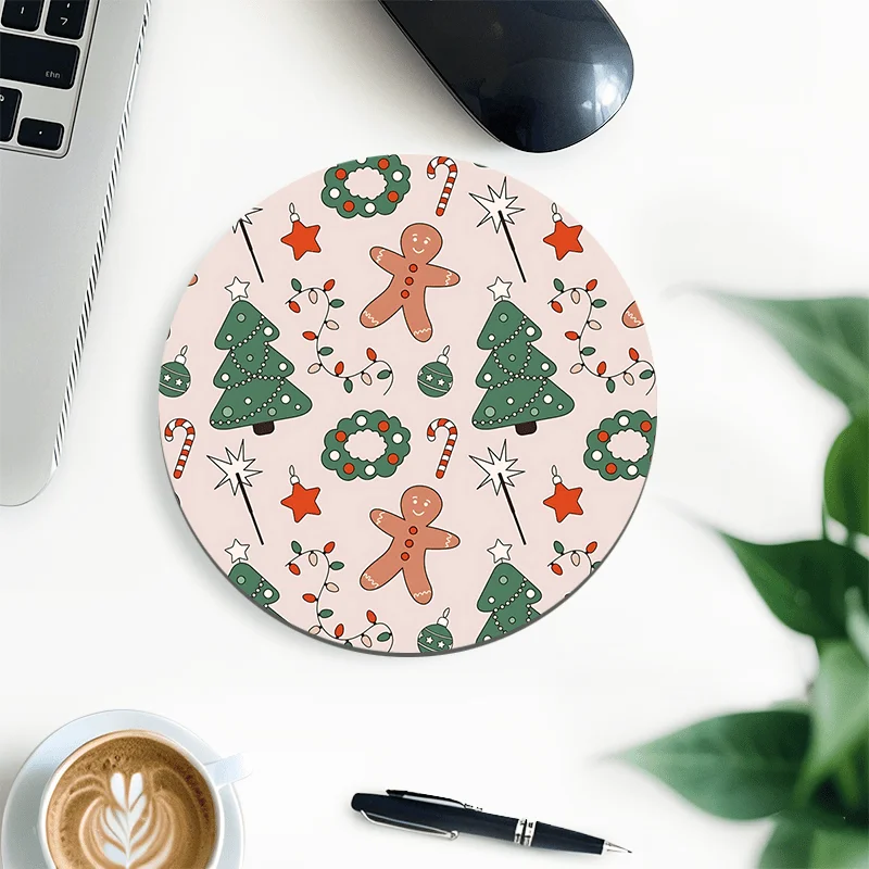 

Christmas tree pattern mouse pad, gingerbread round mouse pad, anti-slip rubber base, office work and home desktop decoration