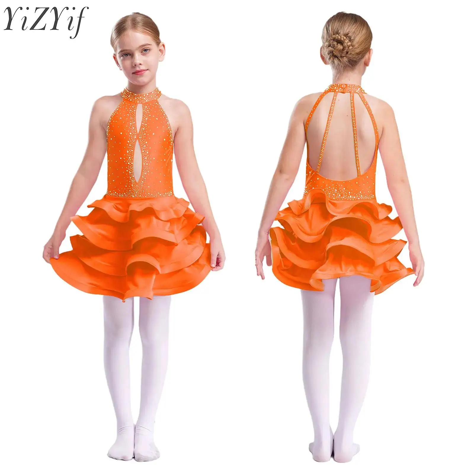 

Kids Girls Latin Jazz Dance Dress Figure Skating Dancewear Rhinestones Tiered Ballet Lyrical Tutu Dress for Stage Performance