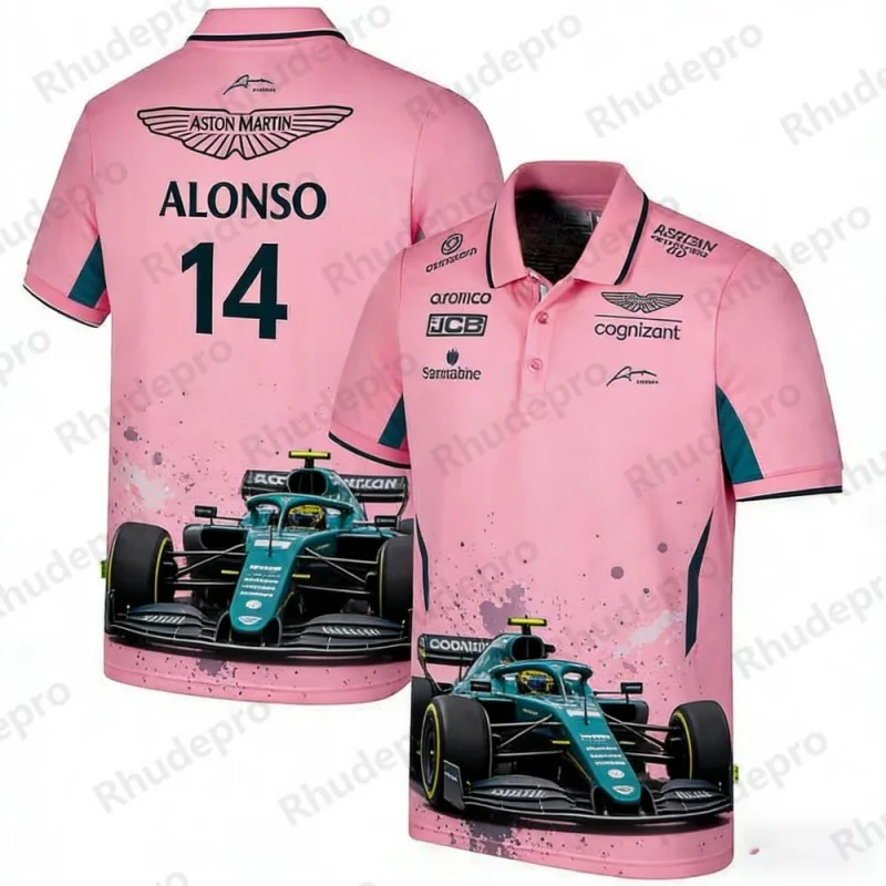 

Aston Martin Racing Team Training Street Style Button Polo Shirt Fernando Alonso 14 Men's And Women's Short Sleeve Clothing