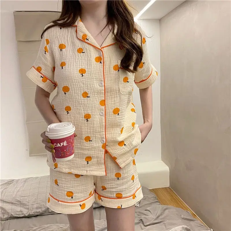 2024 New Summer Women Pajama Sets Korean Style Girls Short Sleeve Sleepwear Orange Print Pijamas Student Cute 2 Pieces Home Suit