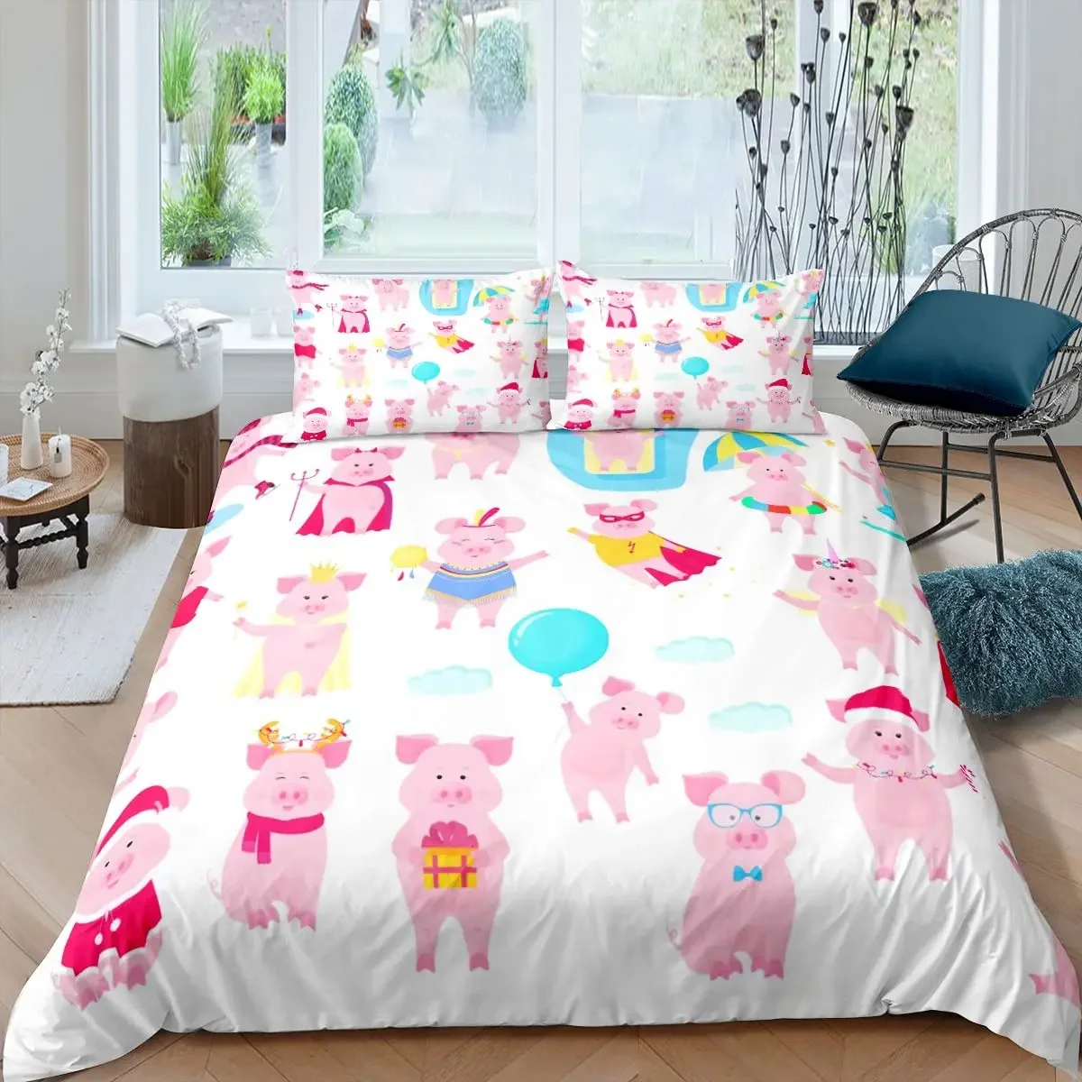 Cartoon Kawaii Pig King Queen Duvet Cover Happy Farm Animal Bedding Set Pink Piggy Quilt Cover 2/3pcs Polyester Comforter Cover