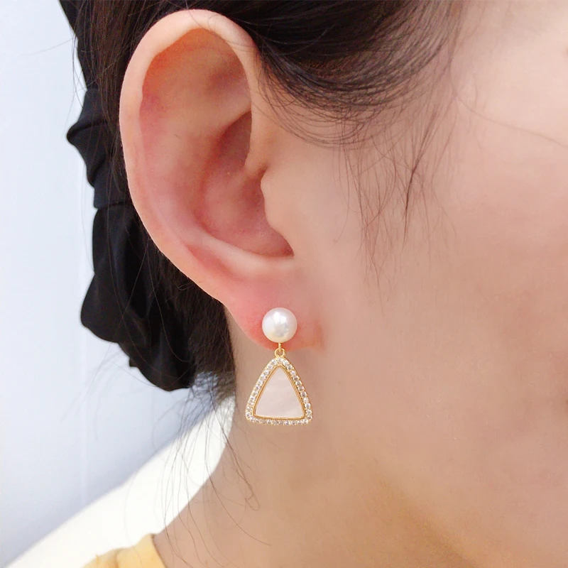 ZHBORUINI New 14K Gold Plated Natural Pearl Earrings 925 Silver Ear Needle Geometric Triangle Stud Earrings For Women Jewelry - view 5