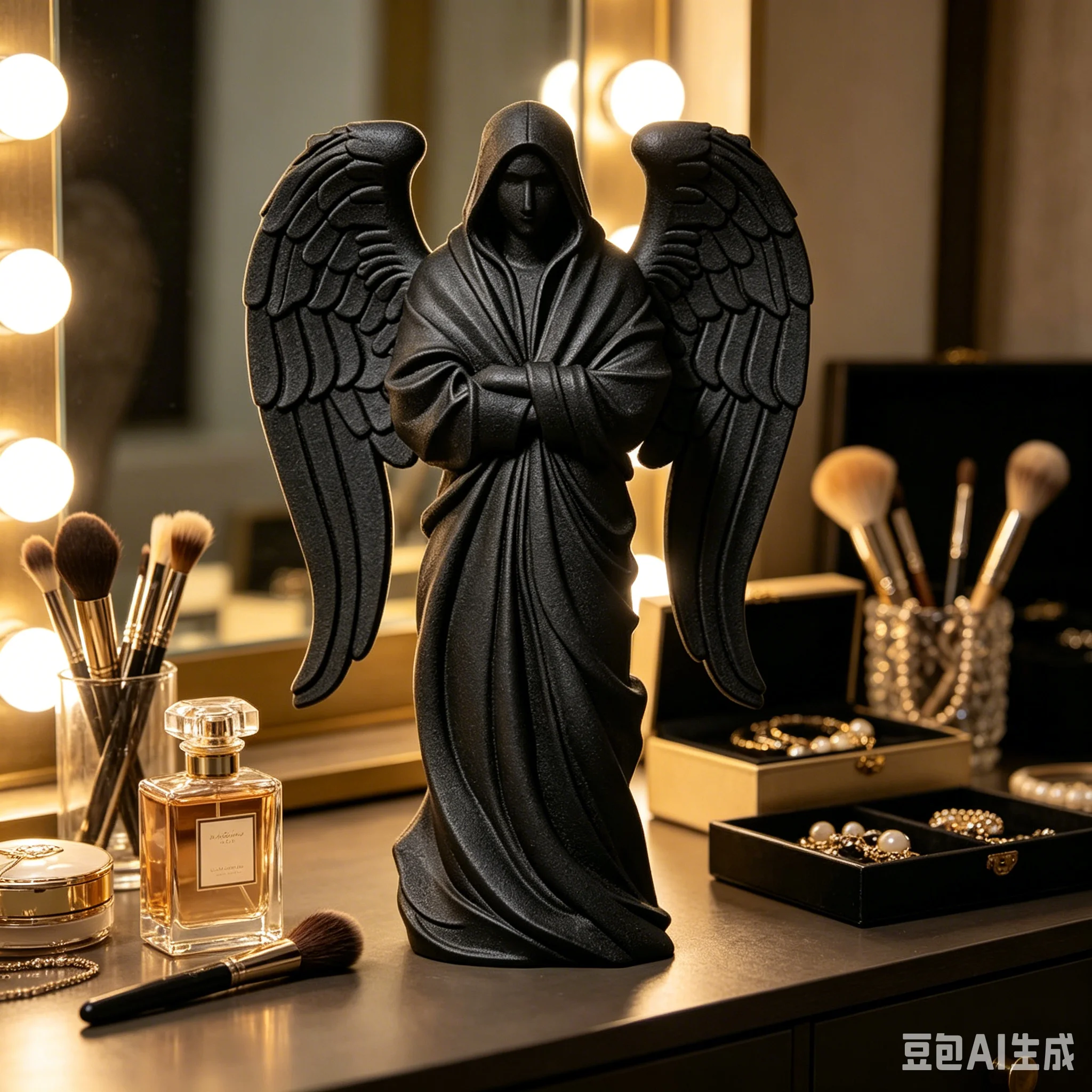 3D Printed Black Hooded Angel Statue Large Wing Guardian Sculpture Minimalist Gothic Desktop Ornament Home Table Decor Gift view 3