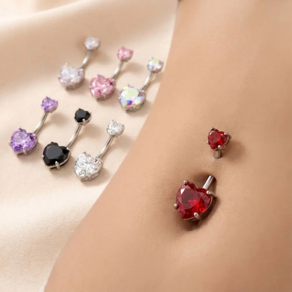 Cute Internal Thread Belly Button Rings Stainless Steel Heart Navel Rings Crystal Silver Belly Piercing Girl