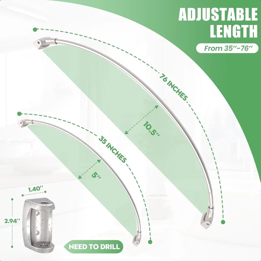 Nickel Curved Shower Curtain Rod3576 Inches Adjustable Splicing Design Curved Shower Rods Round Shower Curtain Rod Rust Proof S