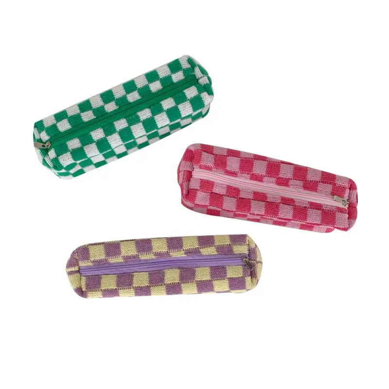 Pencil Case Multifunctional Checker High-capacity Knitted Mesh Bag Travel Cosmetic Bag Writing Case Pen Box