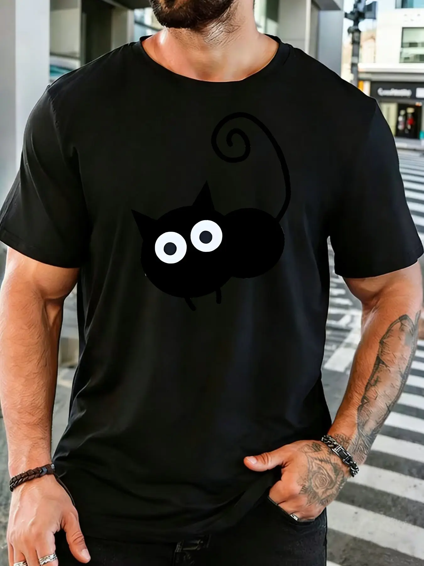 Male Dark Grey Round Neck T Shirt Plain Line Art Black Kitten Huge Round Eyes Curly Swirl Tail Minimal Cat Lover Daily Cotton Te