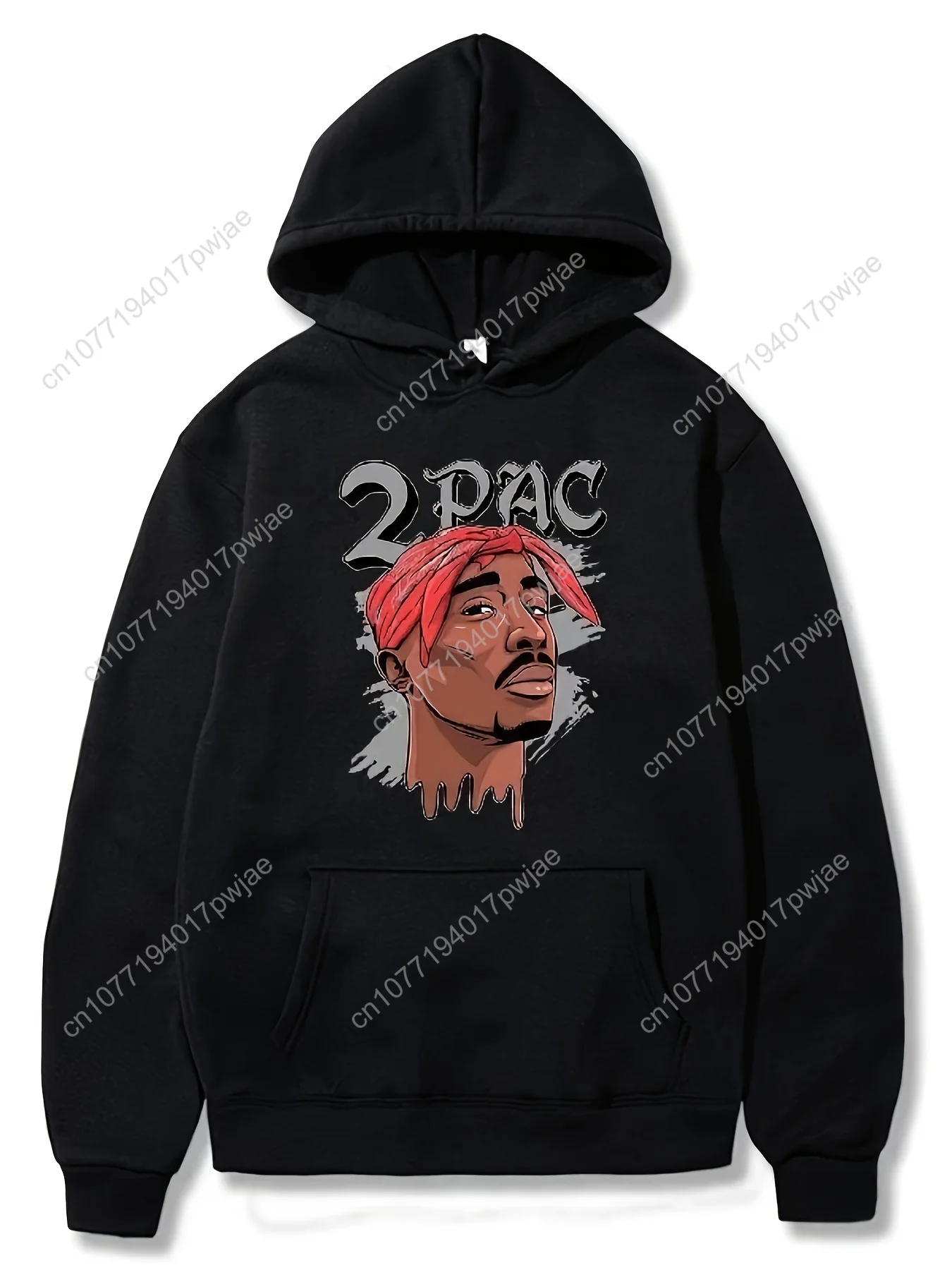 هوديي برسومات 2PAC - طباعة "2PAC" مع تصميم حبر نازف، سويت شيرت رجالي بأكمام طويلة باللون الرمادي الفاتح، ملابس شارع كاجوال مع Kan