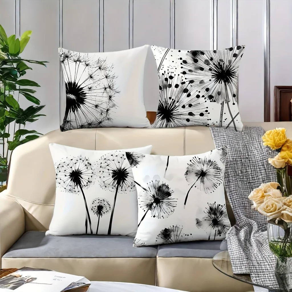 4Pcs Nordic Dandelion Cushion Covers 45x45cm Double Sided Print Pillow Cases Black White Plant Decorative Pillowcase No Core