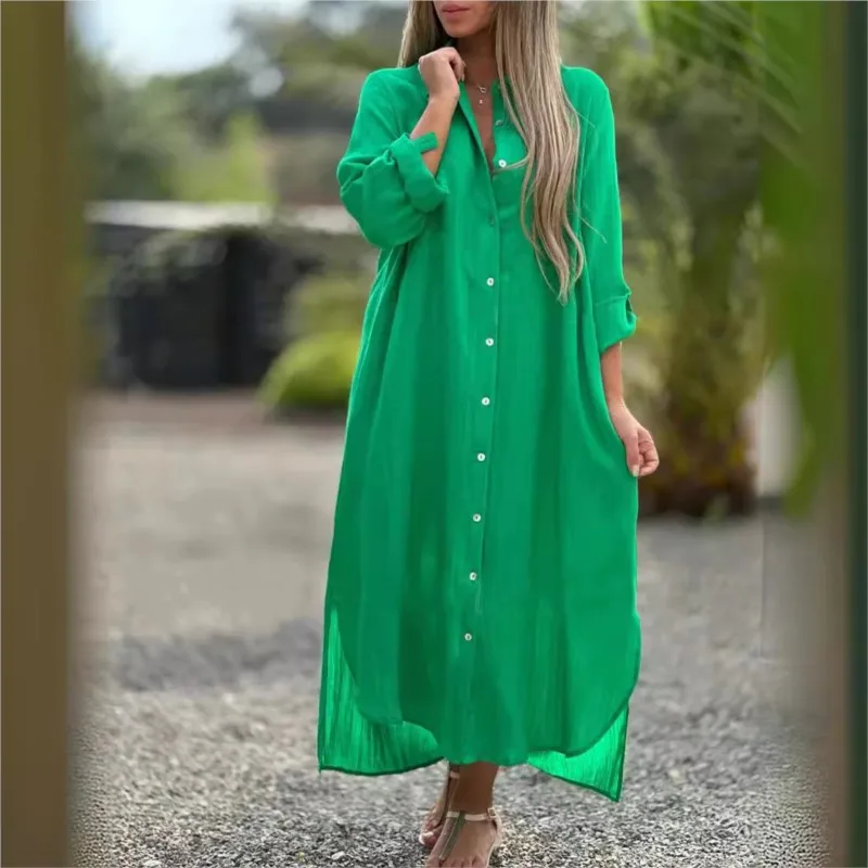 Ladies Lapel Collar Dress Stylish Women\'s V-neck Shirt Dress with Pockets Side Split Loose Fit Midi Dress for Beach Holiday Robe