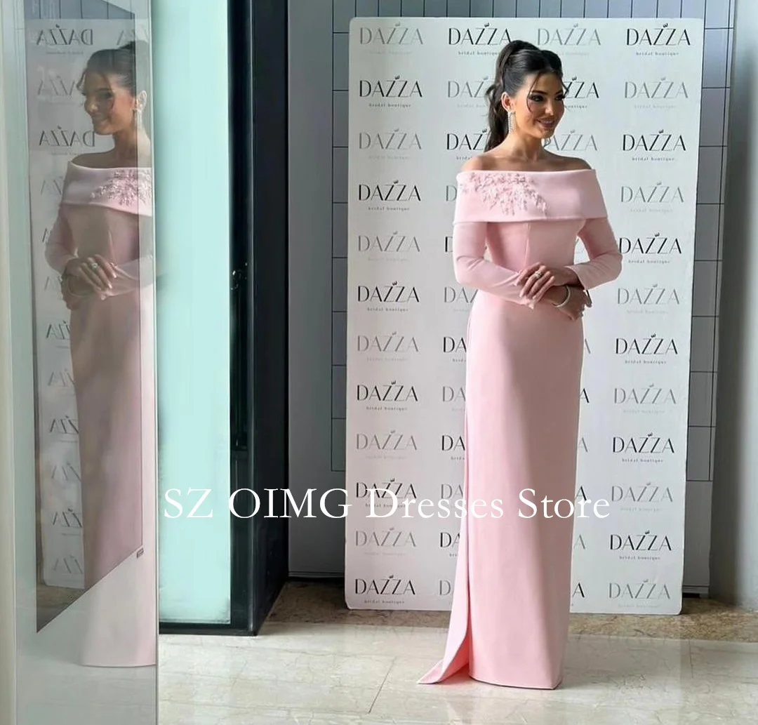 OIMG Saudi Arabia Crepe Satin Prom Dresses Off-Shoulder Dress Long Sleeves  Dress Formal Women Wedding Party Gowns Customized