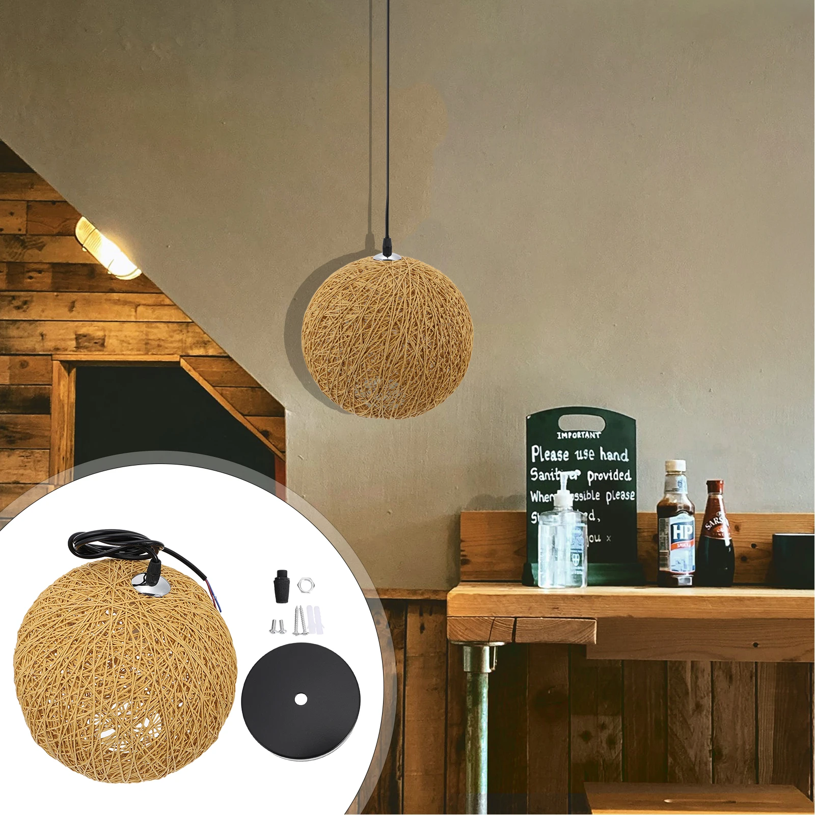 

Rattan Art Lampshade Woven Ceiling Light Cover Hanging Lamp Natural Brown Decor Rustic Style Ch