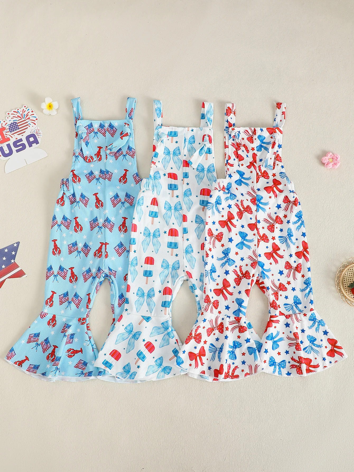 Baby Girl's Independent Day Print Full Print Flared Bib Overalls Long Pants Children's Apparel Celebratory Outfit