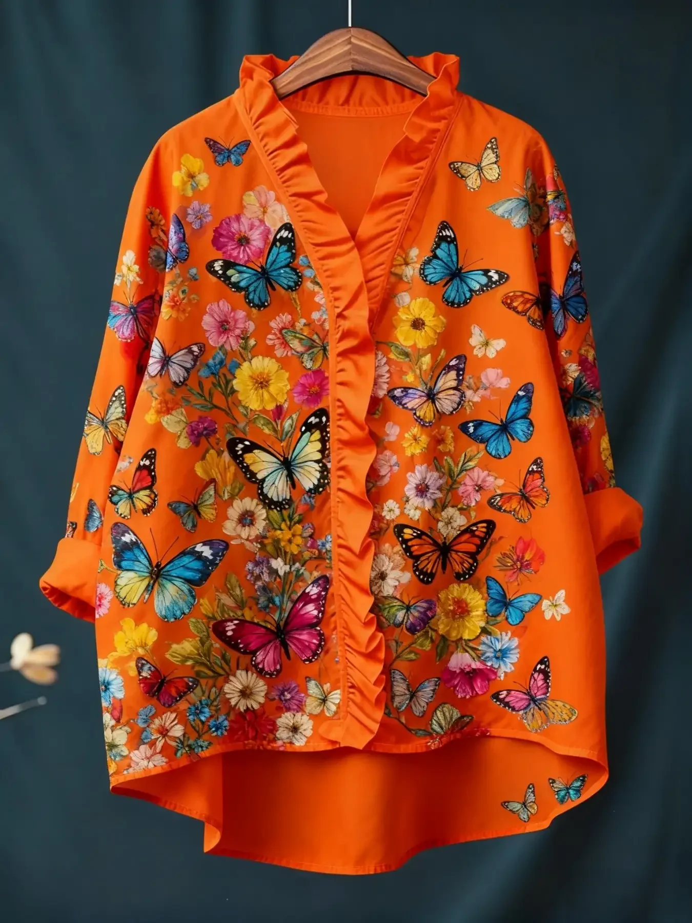 2026 new women's printed long sleeved shirt with ruffled collar, Dress up for date night tops